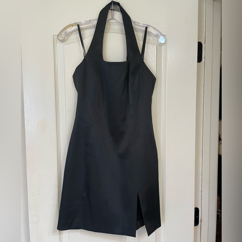 Cache black halter cocktail dress (looks like leather) size 4